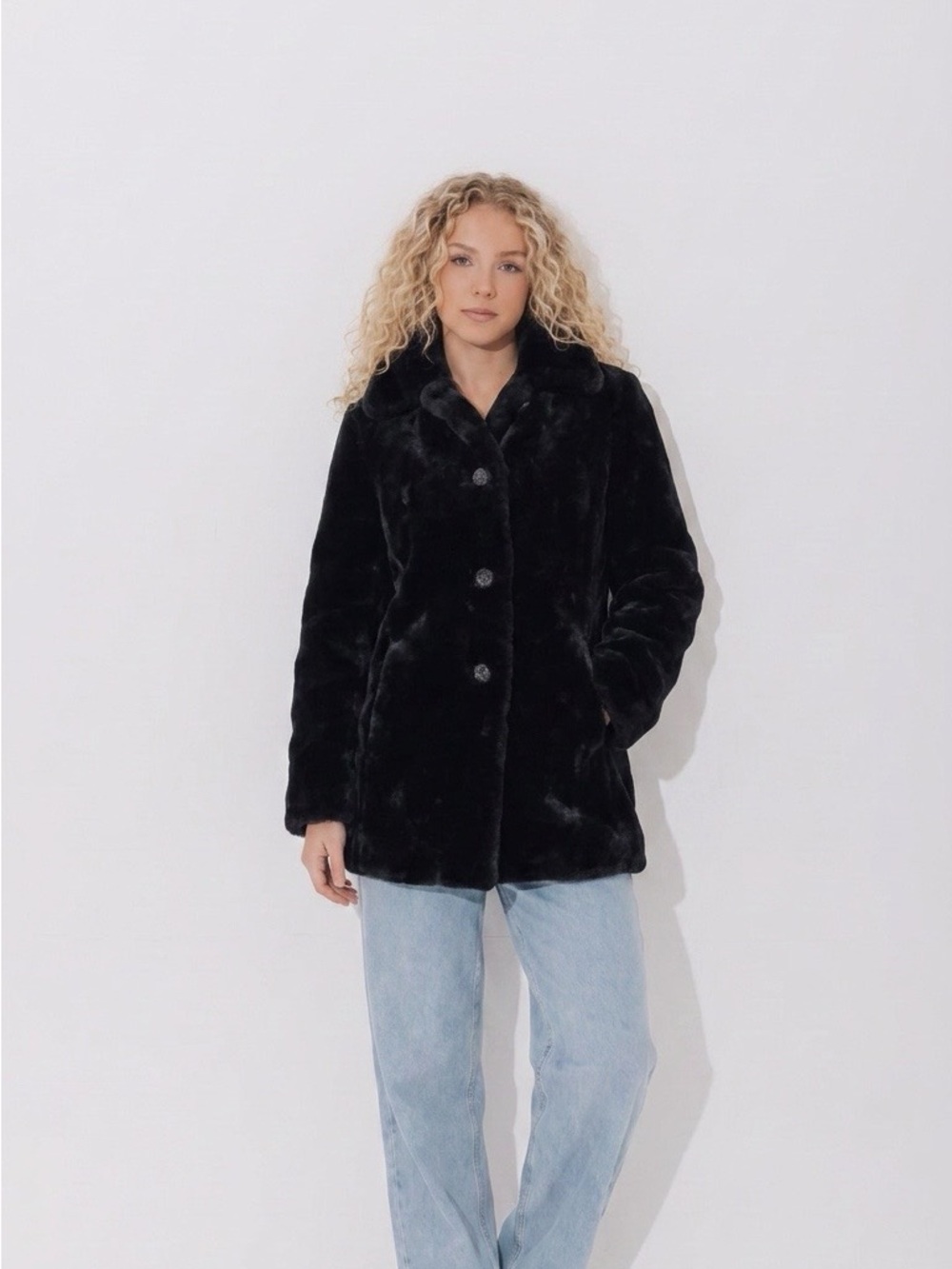Black Benetton Faux Fur Button-Front Coat